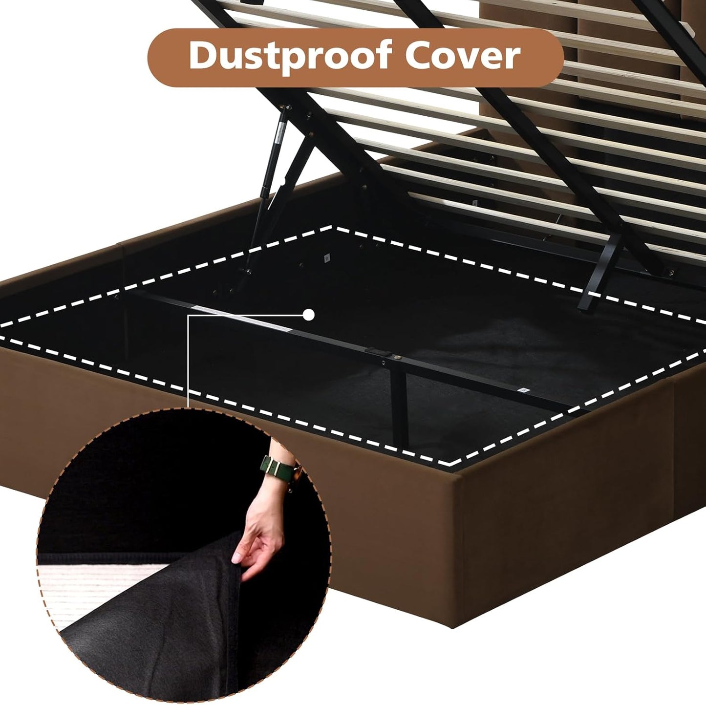 VELOCAVA Lift-Up Storage Bed, Modern Platform Bed with Vertical Panel Headboard, Hydraulic Gas Lift Storage, No Box Spring Needed, Easy Assembly, Velvet-Like Fabric, Brown