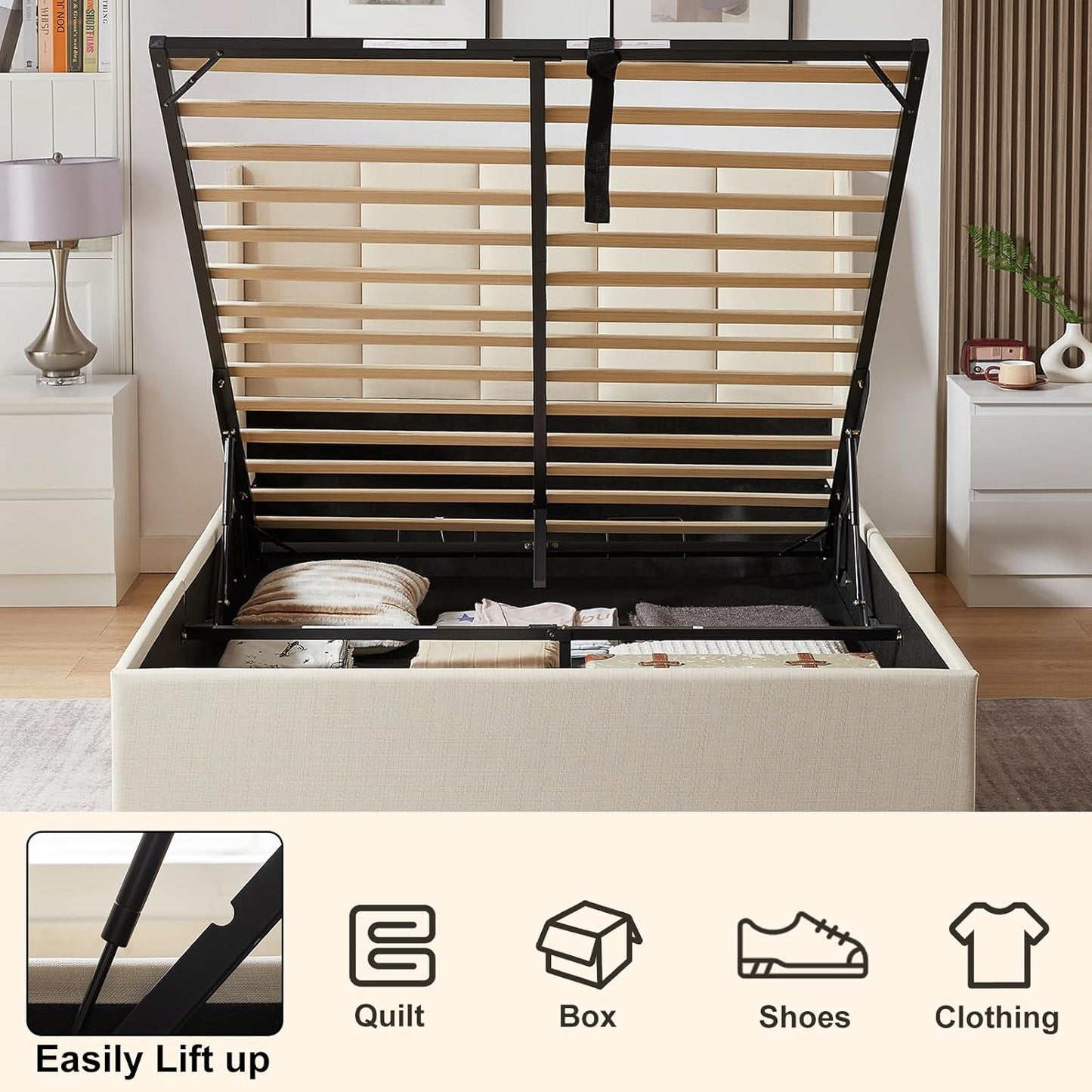 VELOCAVA Lift Up Storage Bed, Soft Upholstered Beds with Hydraulic Mechanism, Modern Wingback Headboard with Vertical Channel Design, Wooden Slat Support, Easy Assembly, Beige