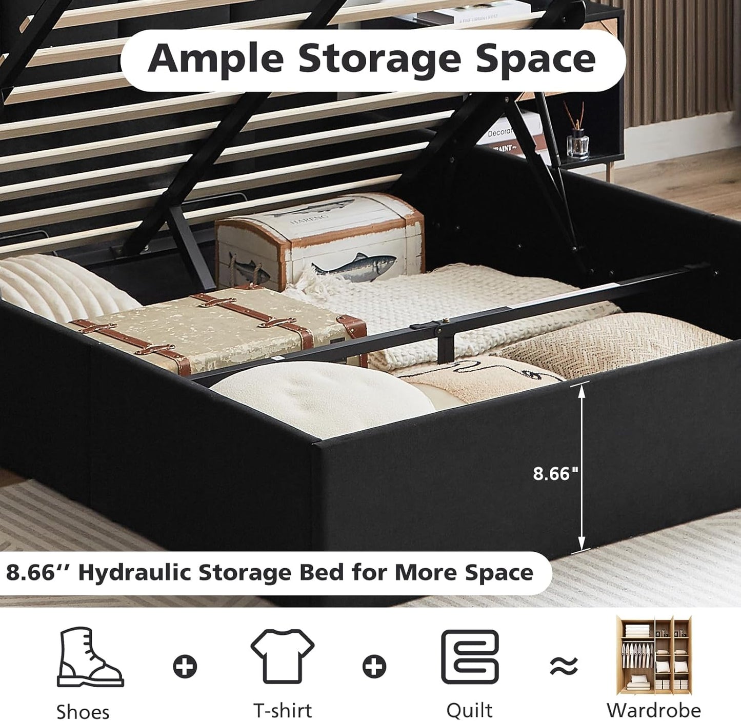VELOCAVA Full Size Hydraulic Lift Storage Bed Frame, Black Linen-Look Upholstered Platform Bed with Vertical Panel Headboard, Hidden Under-Bed Storage, No Box Spring Needed