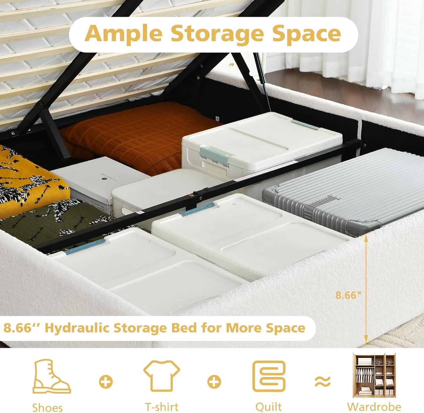 VELOCAVA Lift-Up Storage Bed Frame, Boucle Upholstered Platform Bed with Vertical Channel Headboard, Hydraulic Storage, Sturdy Wooden Slat Support, No Box Spring Needed, Cream White