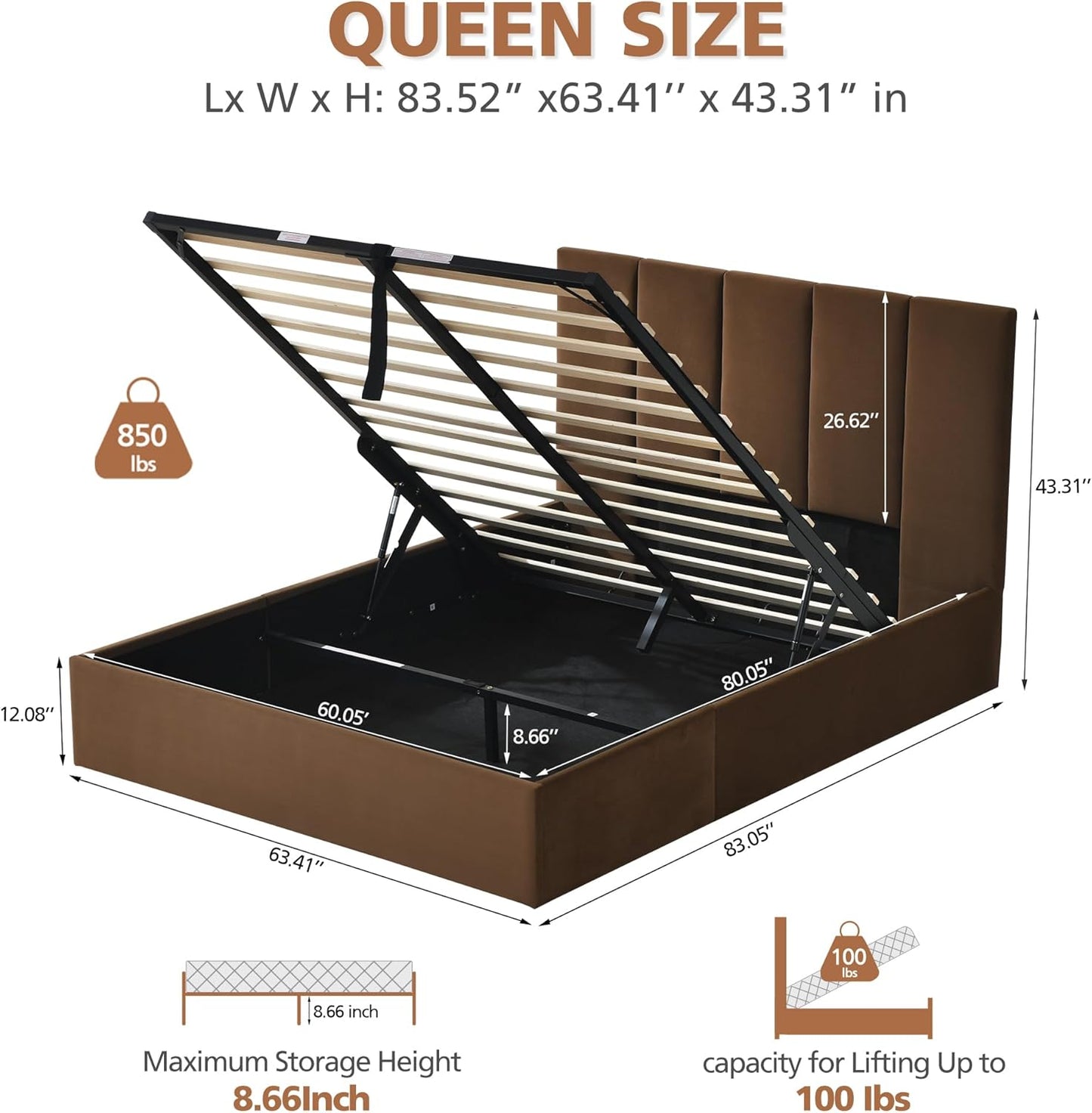 VELOCAVA Lift-Up Storage Bed, Modern Platform Bed with Vertical Panel Headboard, Hydraulic Gas Lift Storage, No Box Spring Needed, Easy Assembly, Velvet-Like Fabric, Brown
