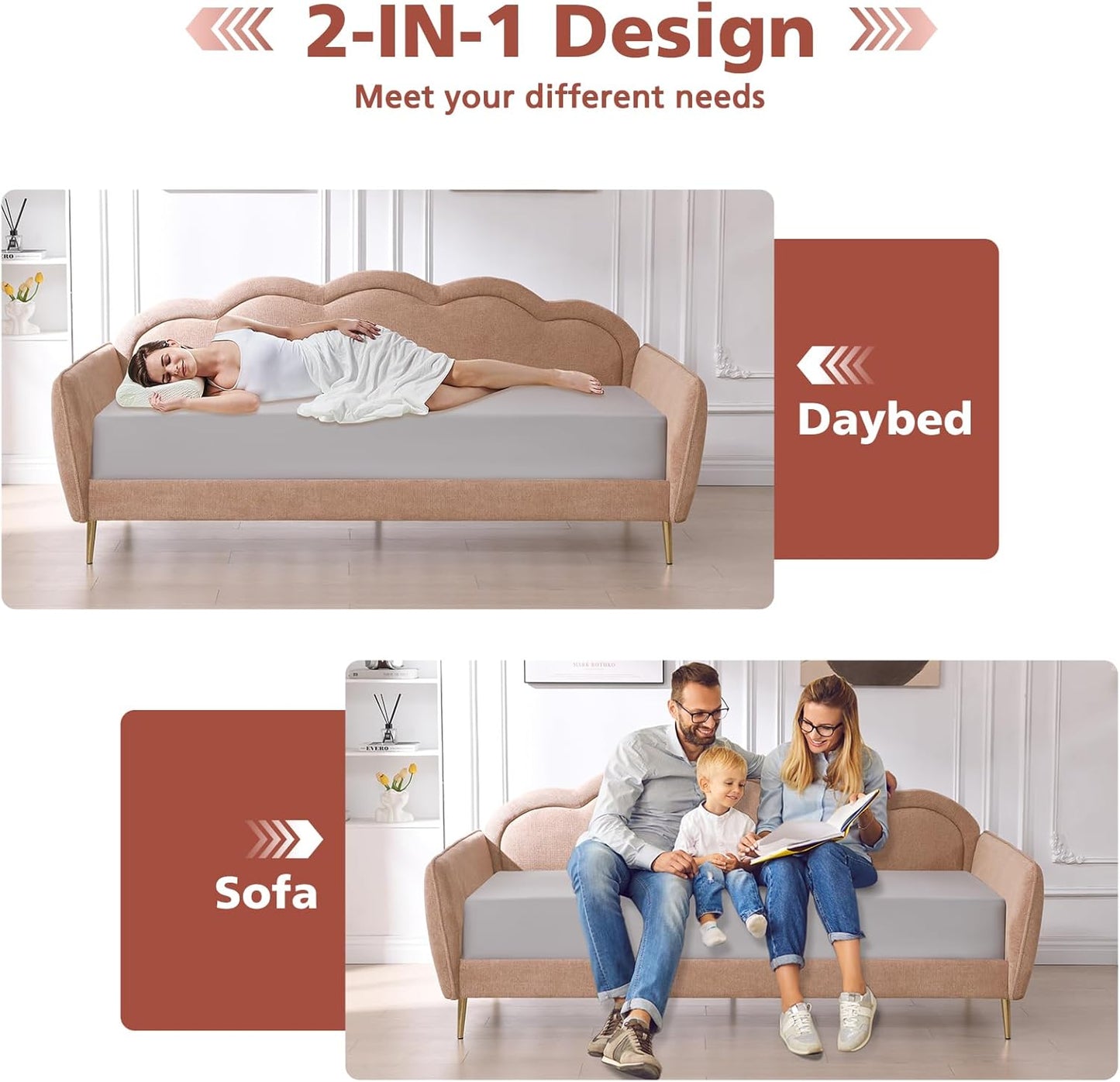 VELOCAVA Twin Size Upholstered Daybed with Cloud-Shaped Backrest, Modern Linen Sofa Bed with Metal Legs, Wood Slat Support for Bedroom, Living Room, Guest Room, Blush Pink