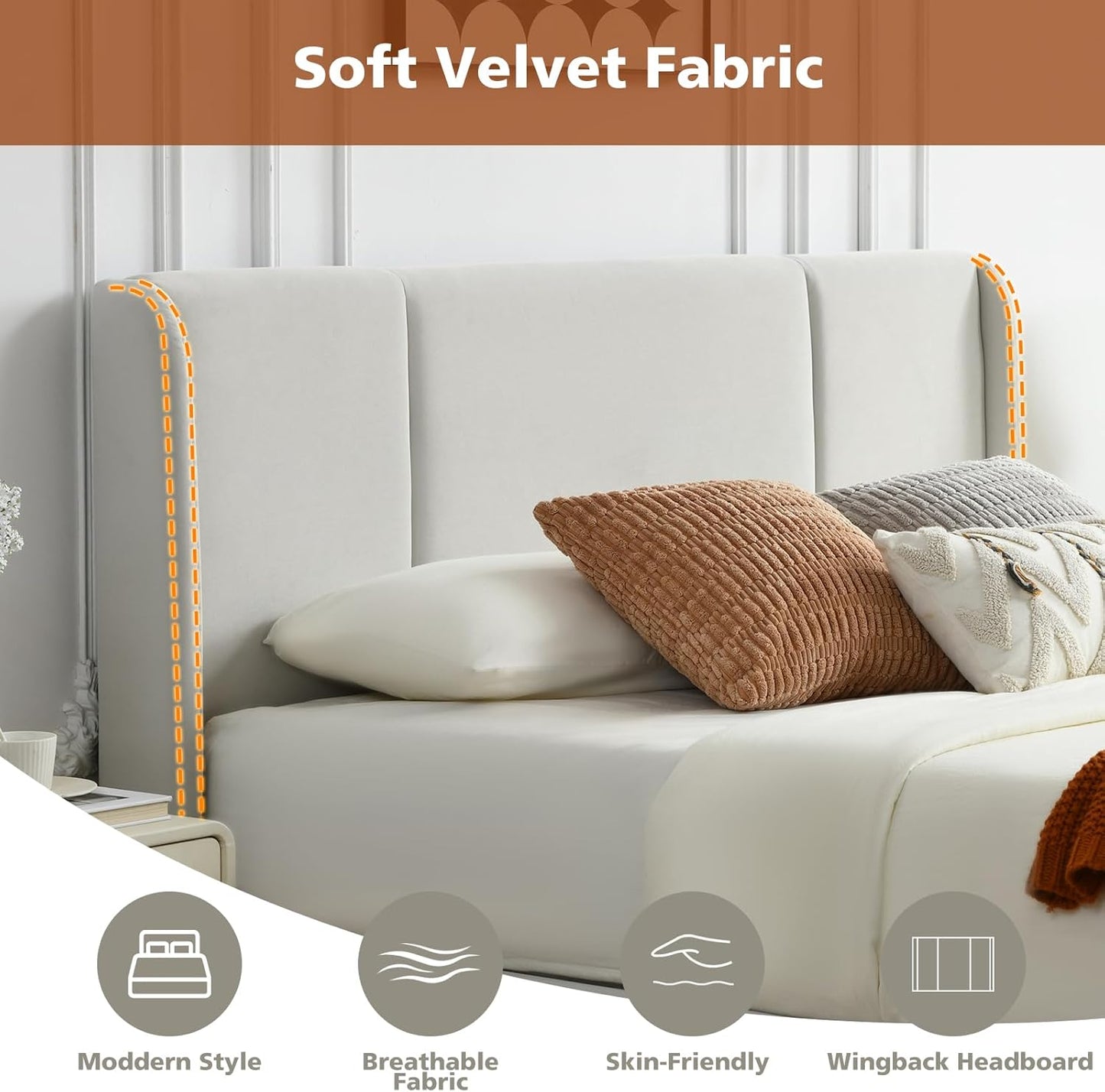 VELOCAVA Lift Up Storage Bed Frame, Velvet-Look Upholstered Bed with Modern Wingback Headboard, Gas Lift Mechanism, Space Saving Design, No Box Spring Needed, Light Gray