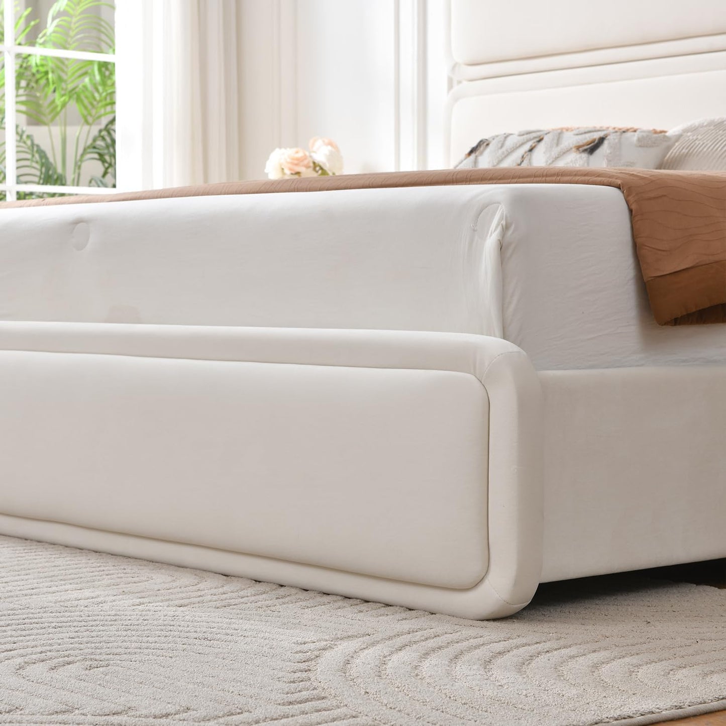 VELOCAVA Lift Up Storage Bed, Velvet-Look Upholstered Platform Bed Frame with 57" Tall Headboard, Linear Design, Hydraulic Storage, No Box Spring Needed, Cream White
