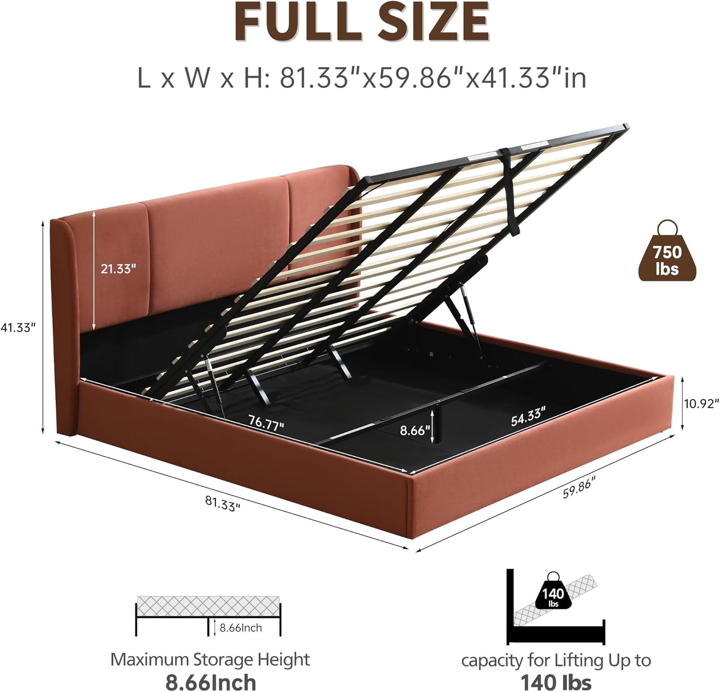 VELOCAVA Lift Up Storage Bed Frame, Velvet-Look Upholstered Bed with Modern Wing back Headboard, Gas Lift Mechanism, Space Saving Design, No Box Spring Needed, Terracotta