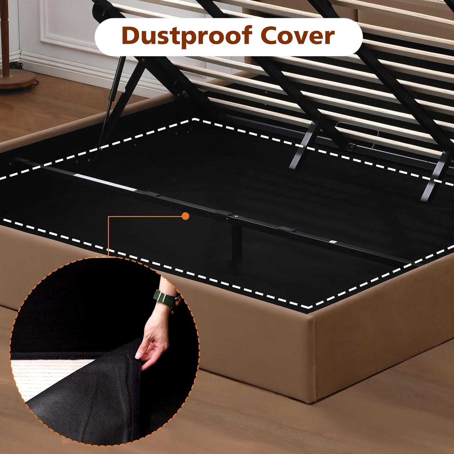 VELOCAVA Lift Up Storage Bed Frame, Velvet-Look Upholstered Bed with Modern Wing back Headboard, Hydraulic Lift Storage, Wood Slat Support, No Box Spring Needed, Brown