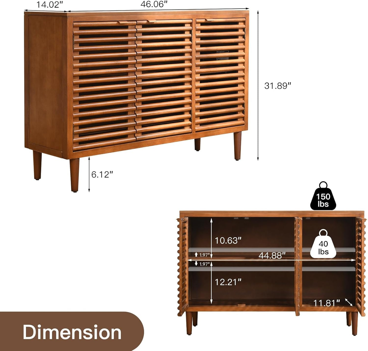 46" Mid-Century Modern Sideboard, Brown Storage Cabinet with Slatted Doors and Adjustable Shelves, 3-Door Buffet Cabinet for Dining Room, Entryway, or Living Room, Walnut Finish