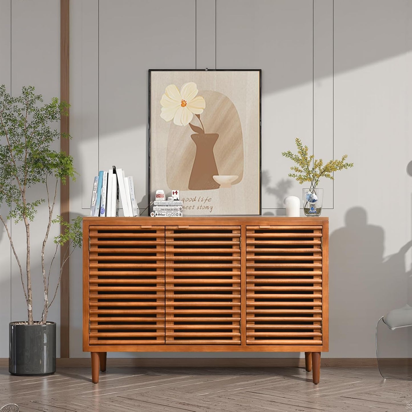 46" Mid-Century Modern Sideboard, Brown Storage Cabinet with Slatted Doors and Adjustable Shelves, 3-Door Buffet Cabinet for Dining Room, Entryway, or Living Room, Walnut Finish