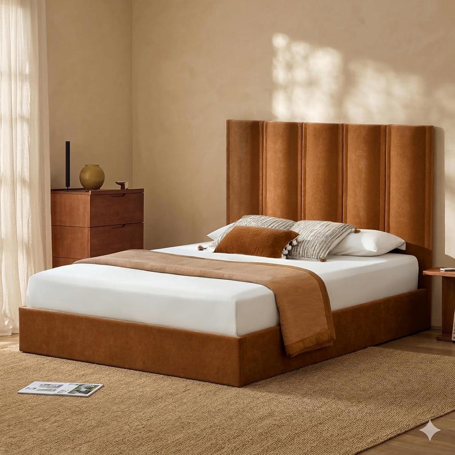 Lift Up Storage Bed, Upholstered Platform Bed Frame with Storage Underneath, 51.6'' Tall Vertical Channel Tufted Headboard, Linen-Textured, Hydraulic Support, No Box Spring Needed, Brown