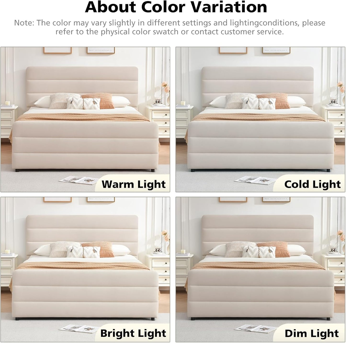 VELOCAVA Upholstered Platform Bed with Tall Headboard and Footboard, 2 Side Storage Drawers, Modern Beige Fabric Bed Frame, No Box Spring Needed, Slatted Base Support, Easy Assembly