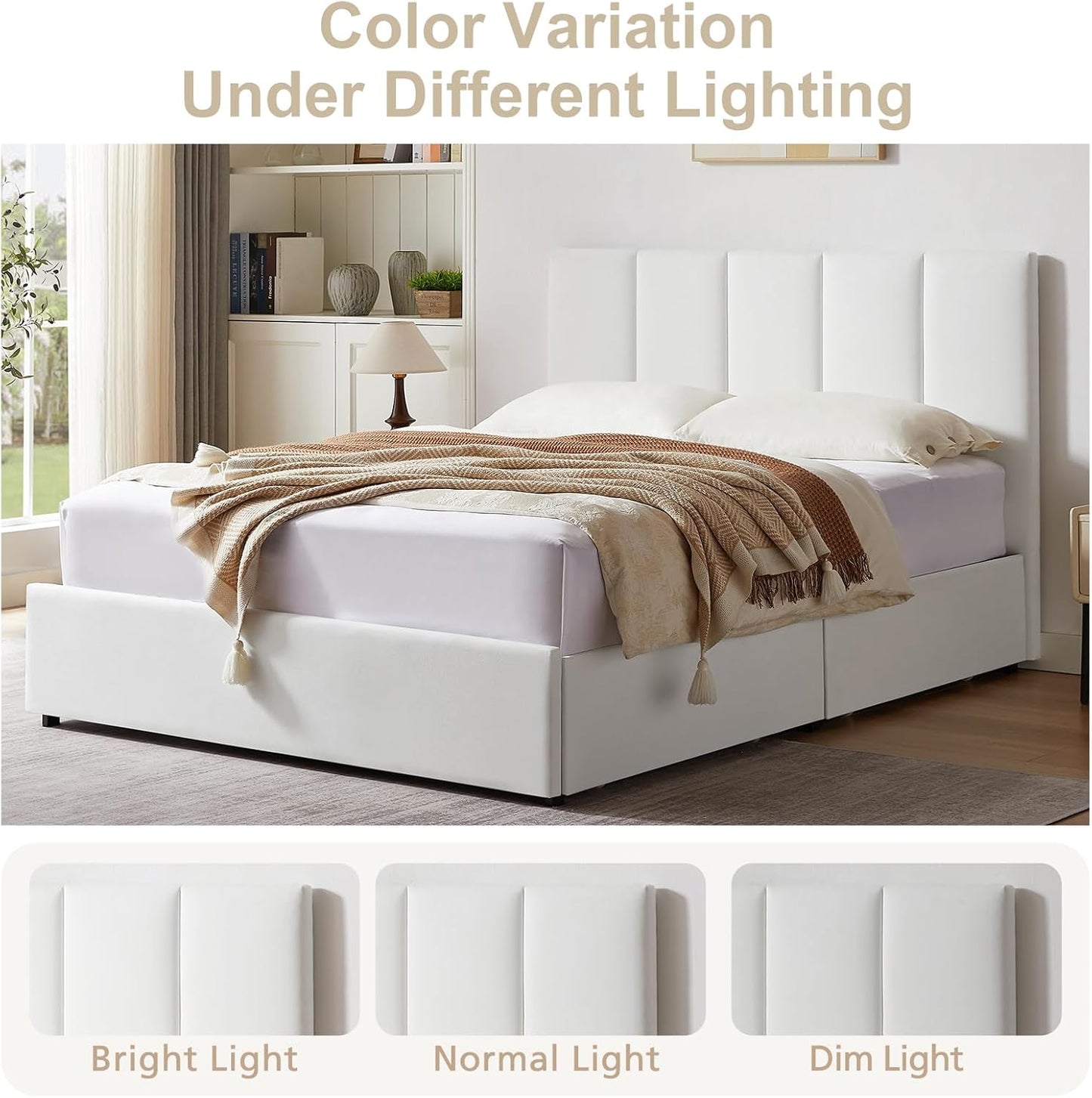 VELOCAVA Upholstered Bed with 4 Storage Drawers, Modern Linen Platform Bed Frame with Vertical Channel Headboard, Sturdy Wood Slats, Space-Saving Design, No Box Spring Needed, White