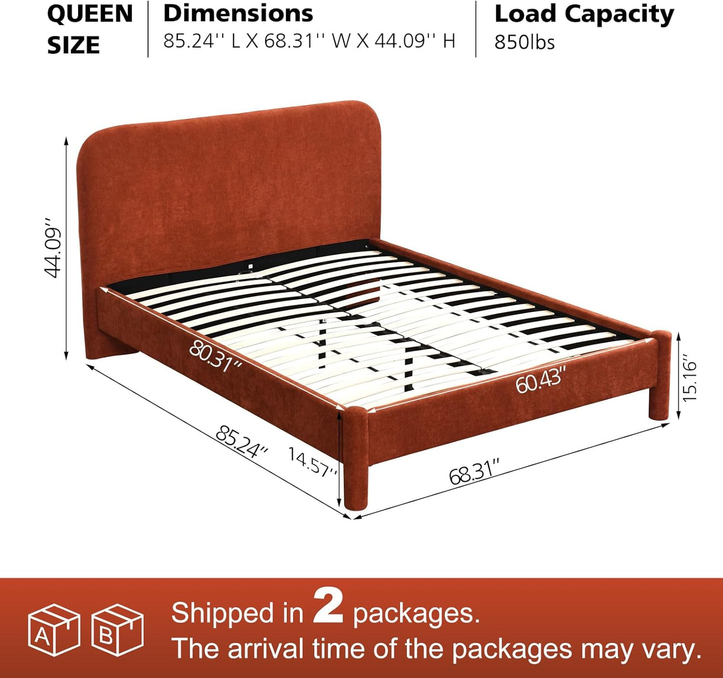VELOCAVA Upholstered Platform Bed Frame with Curved Headboard and Cylindrical Legs, Rounded Corners Design, Sturdy 30-Slat Support, Easy Assembly, Linen-Blend Fabric, Burnt Terracotta