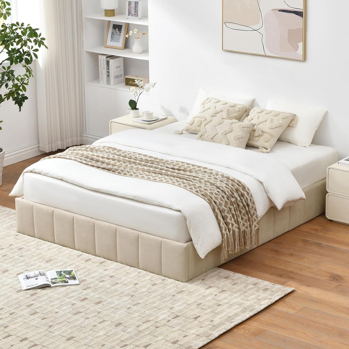 VELOCAVA Lift Up Storage Bed Frame, Upholstered Platform Bed with Gas Hydraulic Lift, No Headboard, Underbed Storage Space, Wooden Slats Support, No Spring Box Needed, Beige