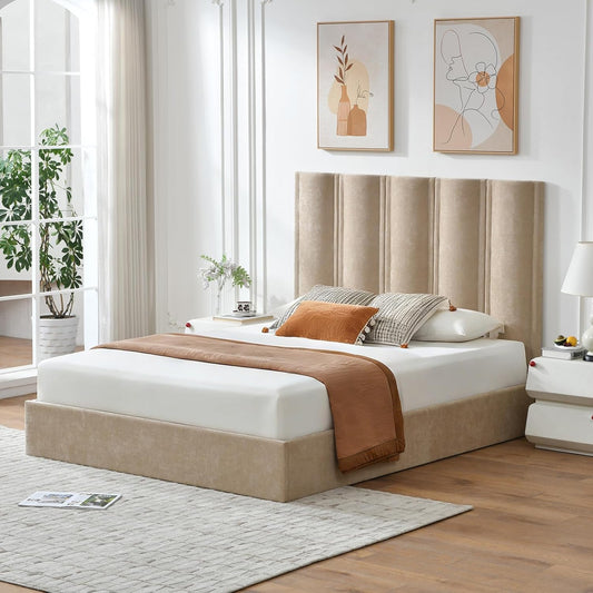 Lift Up Storage Bed, Upholstered Platform Bed Frame with Storage Underneath, 51.6'' Tall Vertical Channel Tufted Headboard, Linen-Textured, Hydraulic Support, No Box Spring Needed, Beige