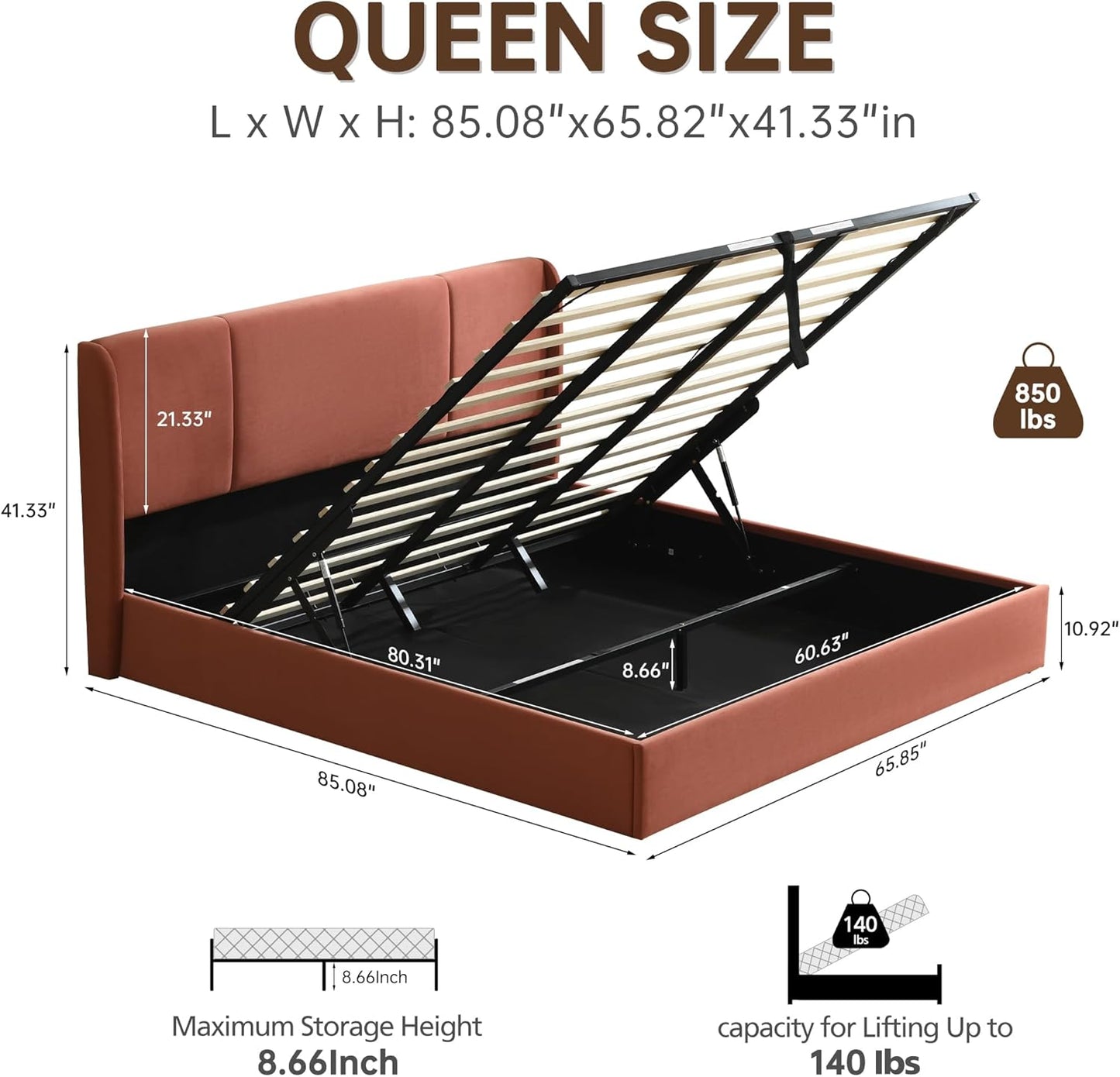 VELOCAVA Lift Up Storage Bed Frame, Velvet-Look Upholstered Bed with Modern Wing back Headboard, Gas Lift Mechanism, Space Saving Design, No Box Spring Needed, Terracotta