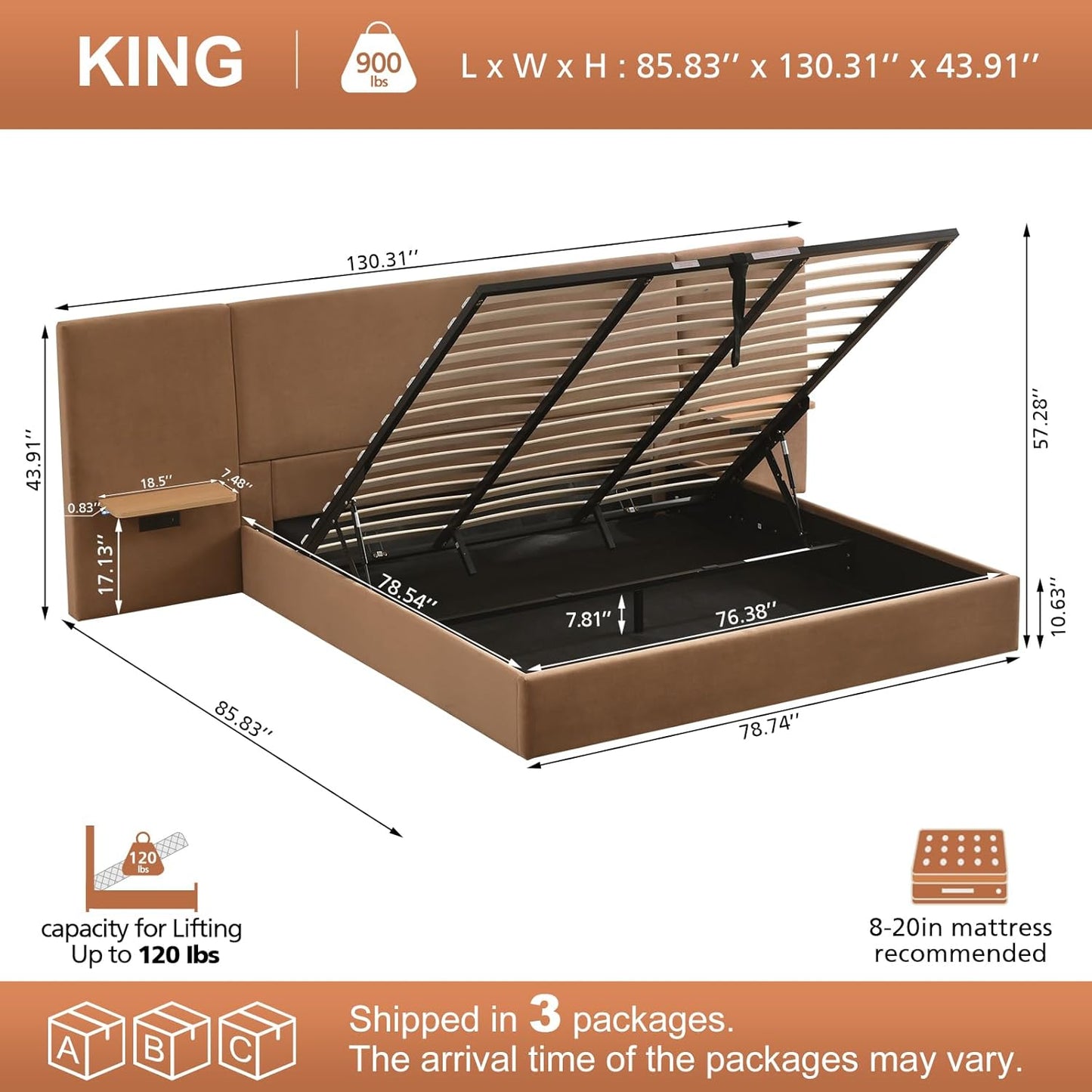 VELOCAVA Lift Up Storage Bed Frame with Extended Upholstered Headboard, Floating Side Shelves, LED Lighting, Charging Station, Hydraulic Lift, No Box Spring Needed, Camel Brown