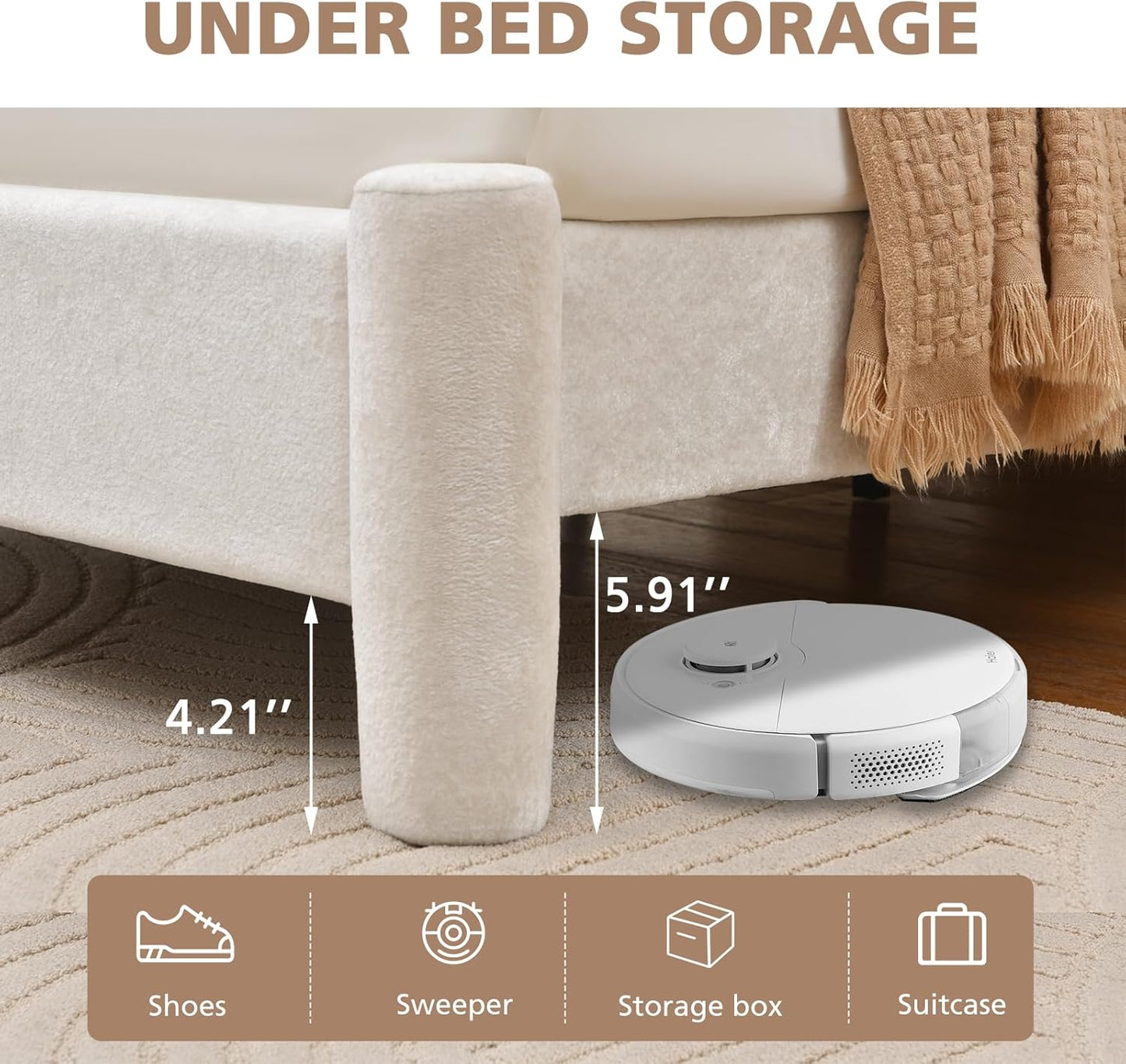 VELOCAVA Upholstered Platform Bed Frame with Soft Rounded Corners, 44.88" Tall Headboard, Luxury Plush Velvet Upholstery, 11 Slats &amp; 5 Center Legs, No Box Spring Needed, Cream White