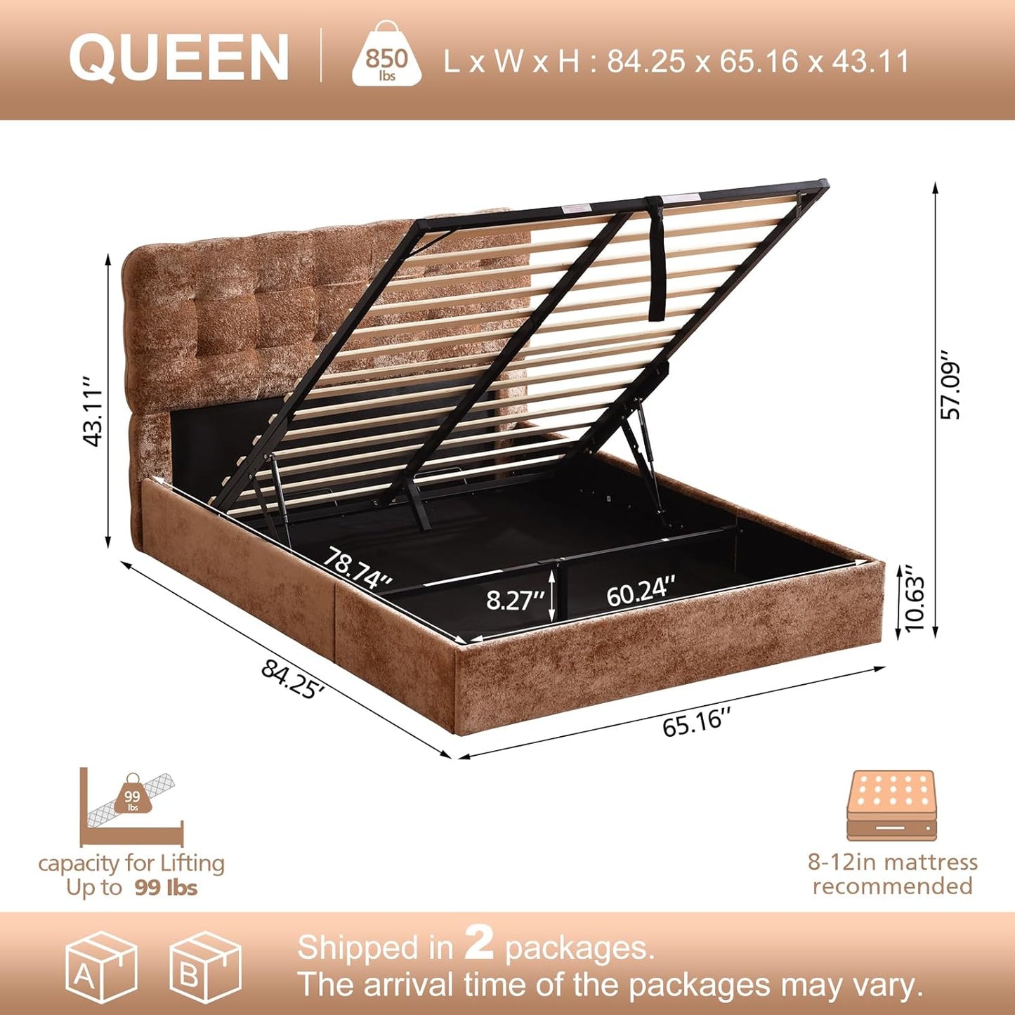 VELOCAVA Lift-Up Storage Bed, Upholstered Platform Bed with Soft Tufted Headboard, Plush Velvet Fabric, No Box Spring Needed, Camel Brown