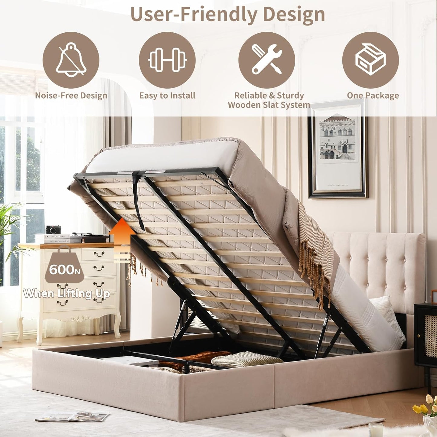 VELOCAVA Size Lift-Up Storage Bed Frame with Button-Tufted Headboard, Gas Lift Platform, Spacious Under-Bed Storage, Wooden Slats, No Box Spring Needed, Light Khaki Linen-Look