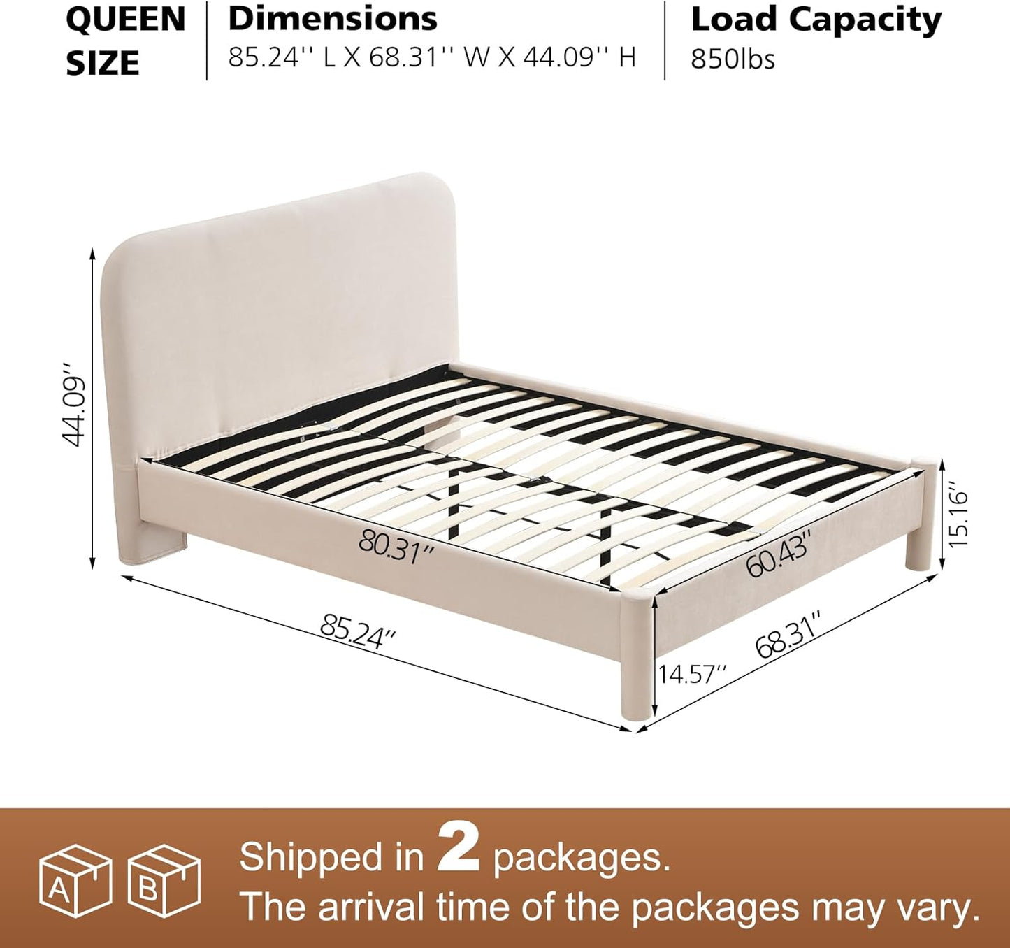VELOCAVA Upholstered Platform Bed Frame with Curved Headboard and Cylindrical Legs, Rounded Corners Design, Sturdy 30-Slat Support, No Box Spring Required, Linen-Blend Fabric, Beige