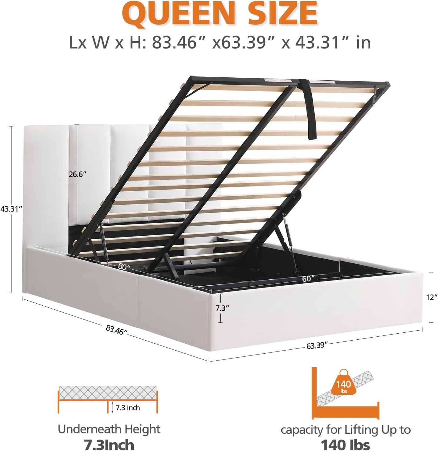 VELOCAVA Hydraulic Lift Storage Bed Frame, White Linen-Look Upholstered Platform Bed with Vertical Panel Headboard, Hidden Under-Bed Storage, No Box Spring Needed