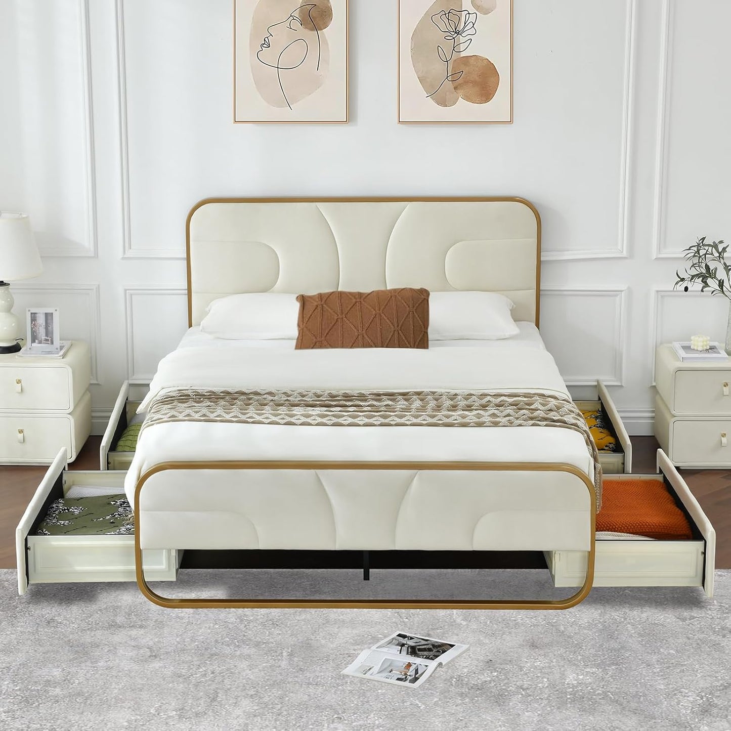 VELOCAVA Rounded Metal Upholstered Bed with 4 Storage Drawers, Velvet Platform Storage Bedframe with Headboard, Wooden Slats Support, No Box Spring Needed, Cream