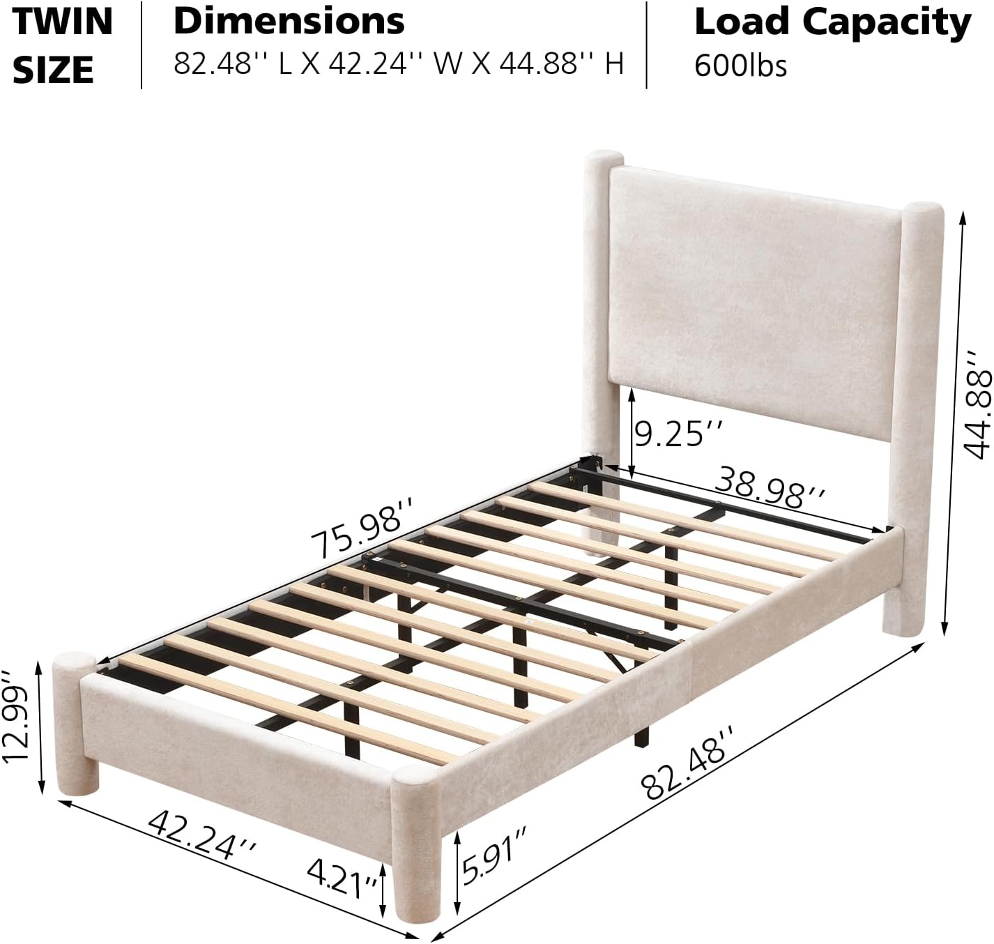 VELOCAVA Upholstered Platform Bed Frame with Soft Rounded Corners, 44.88" Tall Headboard, Luxury Plush Velvet Upholstery, 11 Slats &amp; 5 Center Legs, No Box Spring Needed, Cream White