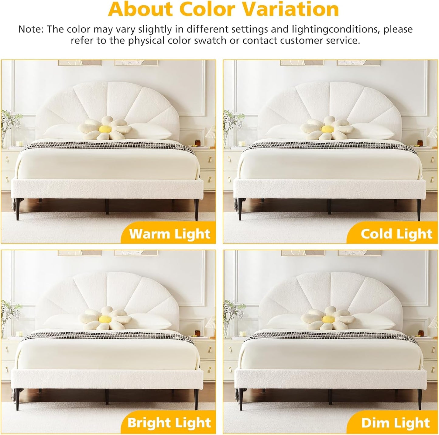 VELOCAVA White Boucle Bed with Seashell Headboard, Upholstered Platform Girls Bed with Soft Rounded Corners, Wooden Slats Support, No Box Spring Needed, Easy Assembly
