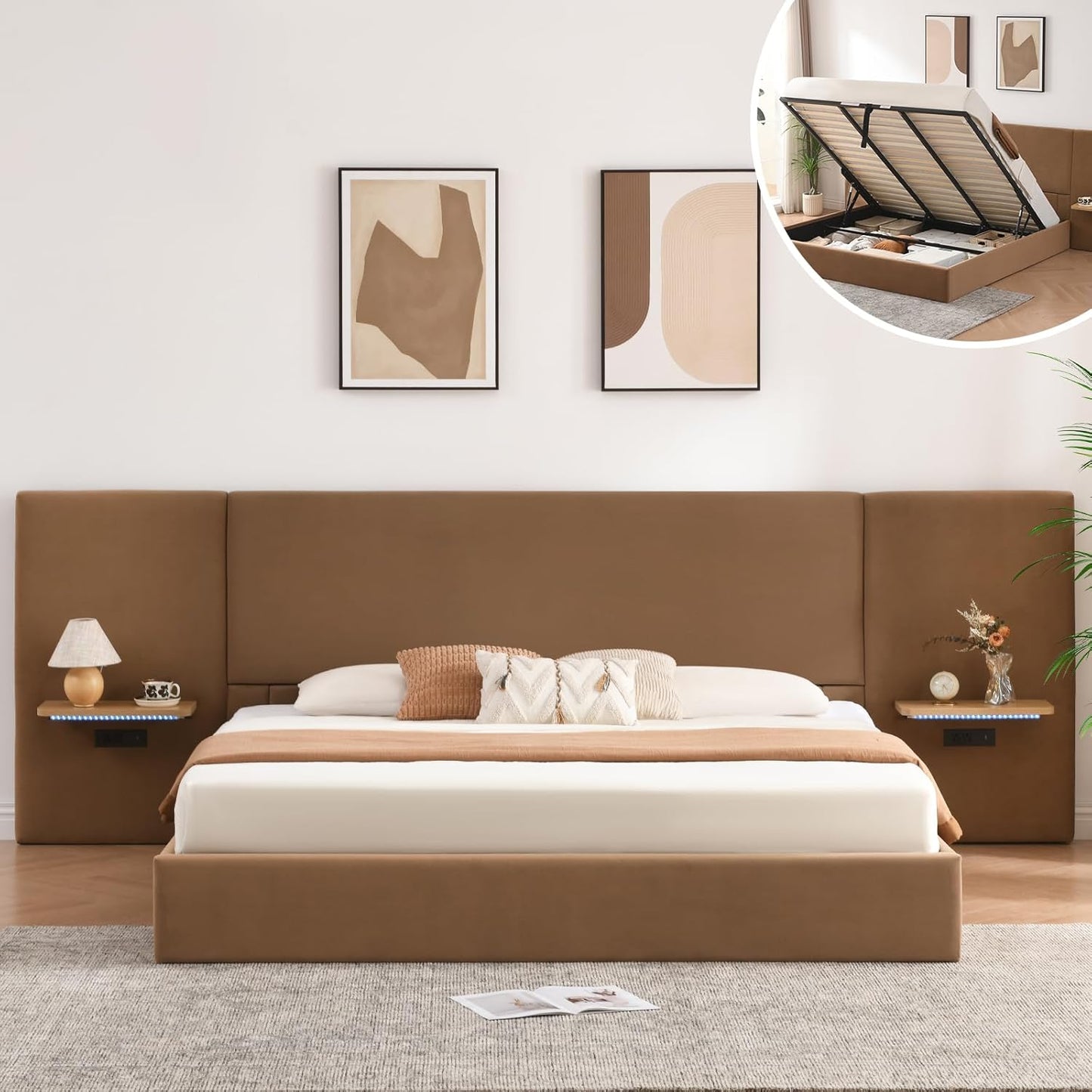 VELOCAVA Lift Up Storage Bed Frame with Extended Upholstered Headboard, Floating Side Shelves, LED Lighting, Charging Station, Hydraulic Lift, No Box Spring Needed, Camel Brown