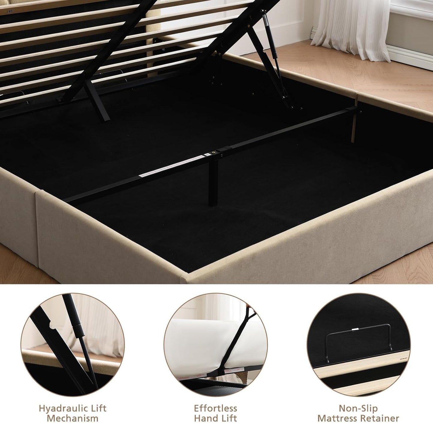 VELOCAVA Hydraulic Lift Storage Bed Frame, Beige Linen Upholstered Platform Bed with Vertical Panel Headboard, Hidden Under-Bed Storage, Wooden Slat Support, No Box Spring Needed