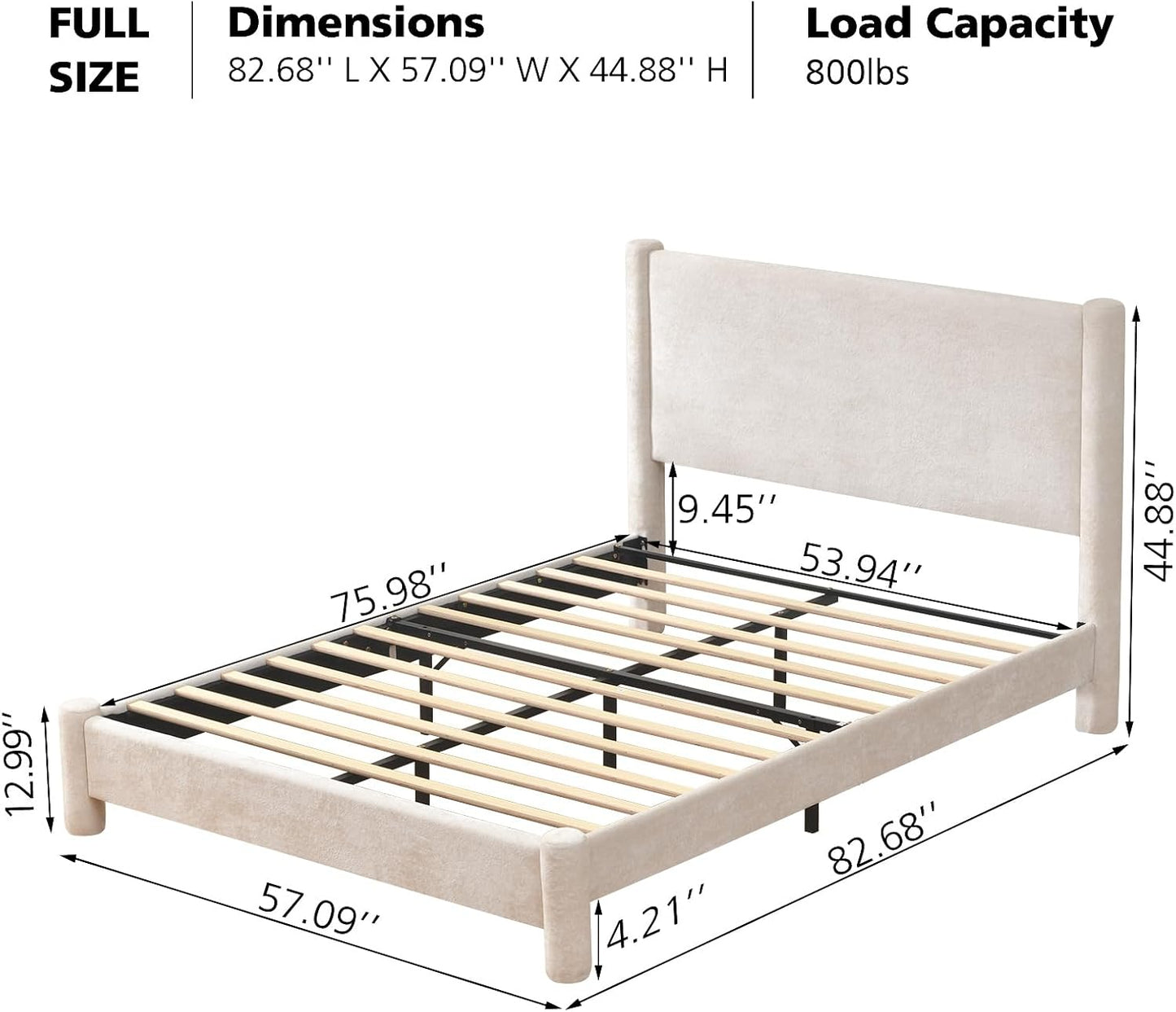 VELOCAVA Upholstered Platform Bed Frame with Soft Rounded Corners, 44.88" Tall Headboard, Luxury Plush Velvet Upholstery, 11 Slats &amp; 5 Center Legs, No Box Spring Needed, Cream White