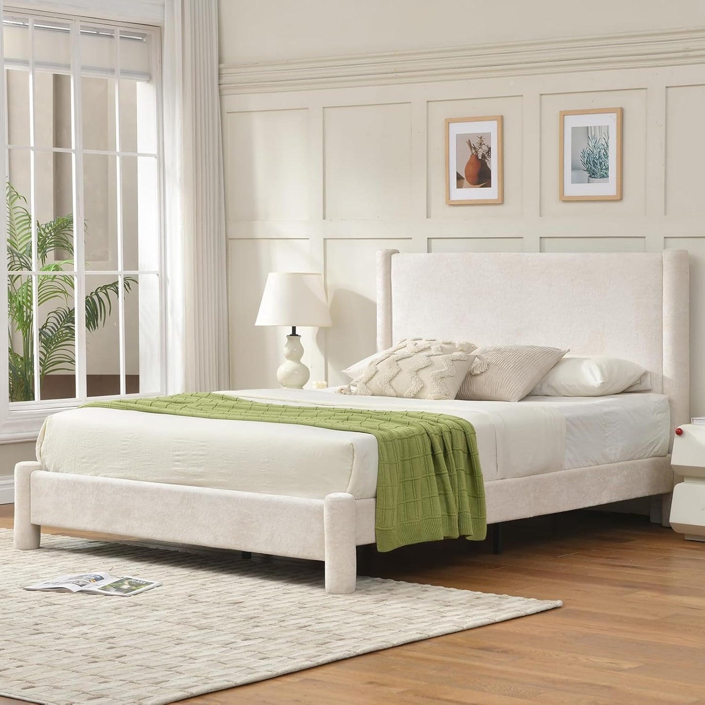 VELOCAVA Upholstered Platform Bed Frame with Soft Rounded Corners, 44.88" Tall Headboard, Luxury Plush Velvet Upholstery, 11 Slats &amp; 5 Center Legs, No Box Spring Needed, Cream White