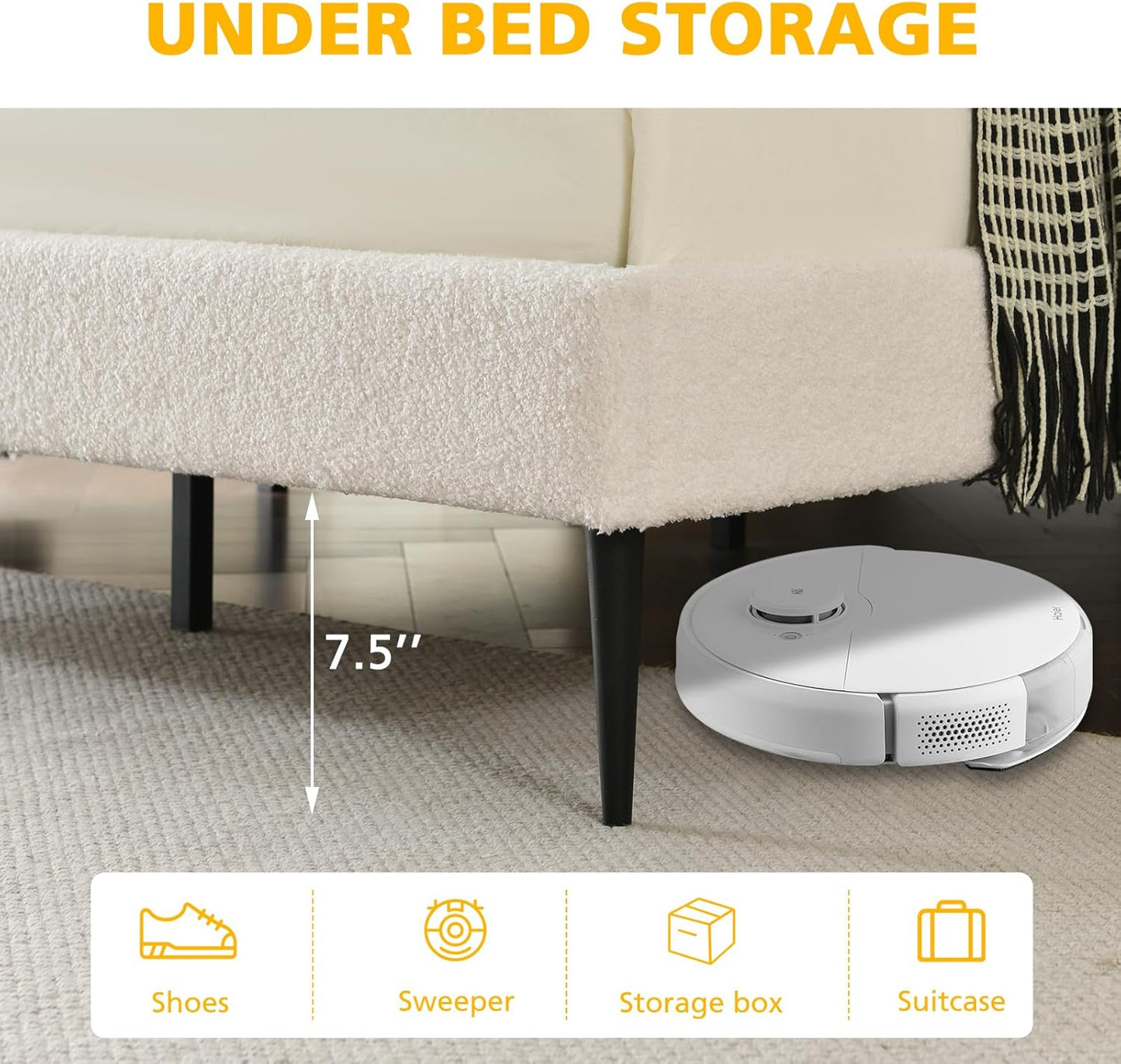 VELOCAVA White Boucle Bed with Seashell Headboard, Upholstered Platform Girls Bed with Soft Rounded Corners, Wooden Slats Support, No Box Spring Needed, Easy Assembly