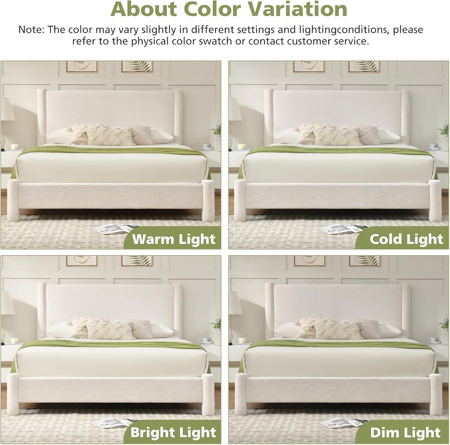 VELOCAVA Upholstered Platform Bed Frame with Soft Rounded Corners, 44.88" Tall Headboard, Luxury Plush Velvet Upholstery, 11 Slats &amp; 5 Center Legs, No Box Spring Needed, Cream White