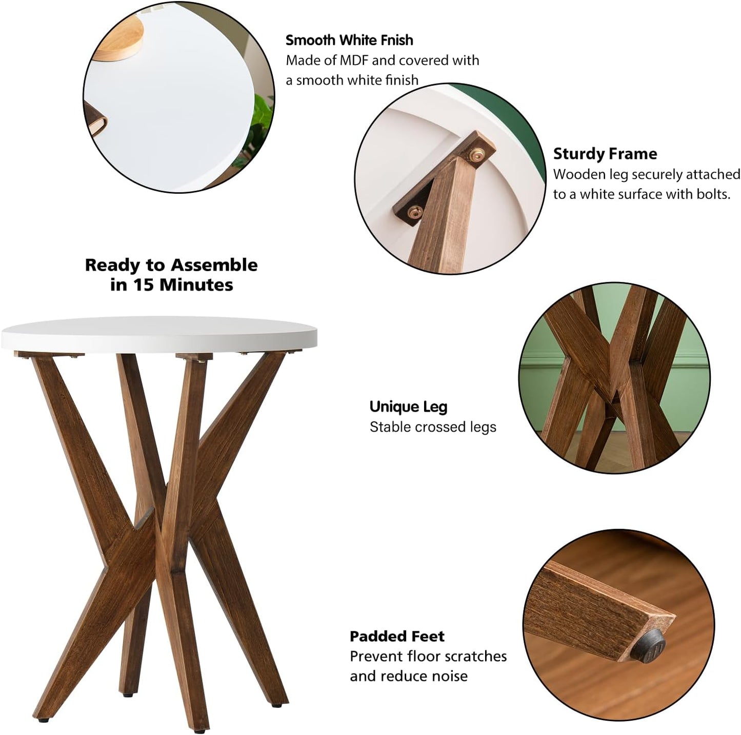 Modern Round End Table with Smooth White Top and Crossed Walnut Legs, Minimalist Accent Table for Living Room, Balcony, or Small Spaces, Easy Assembly Bedside Table, White Walnut