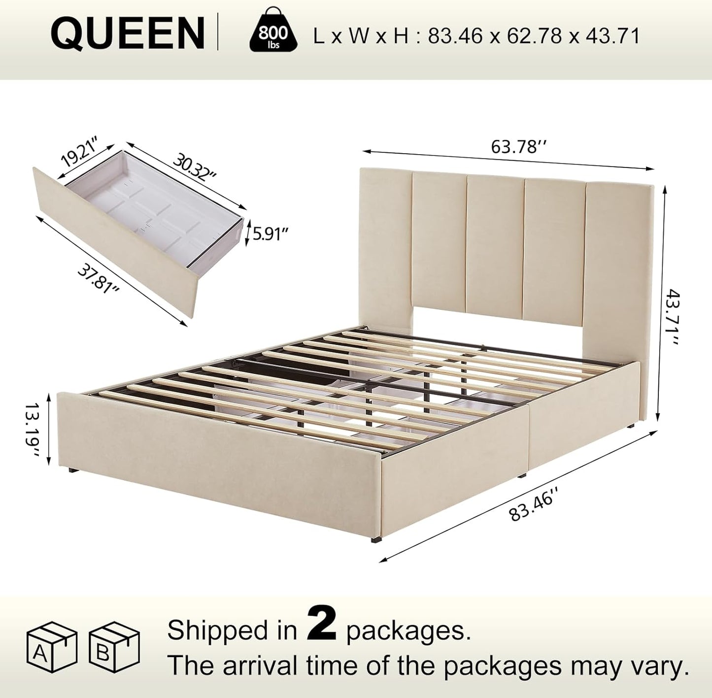 VELOCAVA Upholstered Bed with 4 Storage Drawers, Modern Linen Platform Bed Frame with Vertical Channel Headboard, Sturdy Wood Slats, Space-Saving Design, No Box Spring Needed, Beige