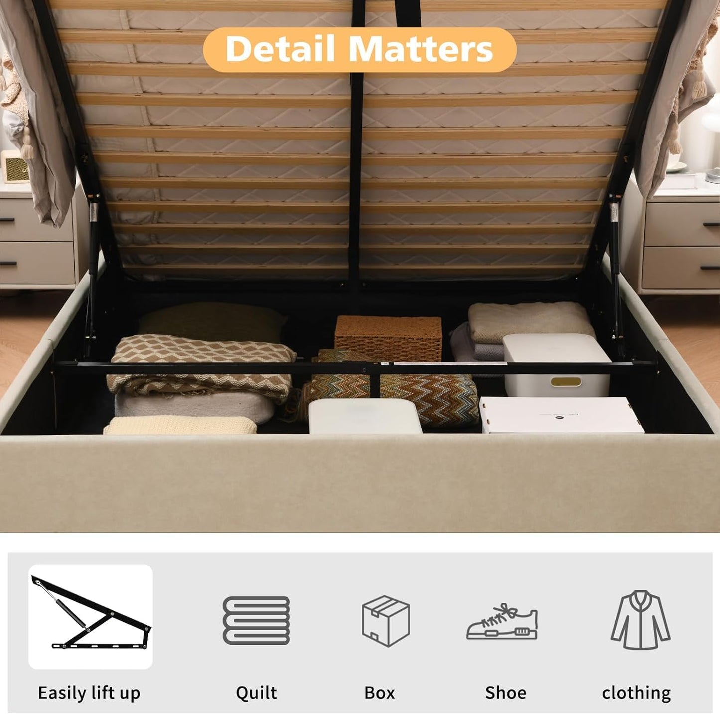 VELOCAVA Hydraulic Lift Storage Bed Frame, Beige Linen Upholstered Platform Bed with Vertical Panel Headboard, Hidden Under-Bed Storage, Wooden Slat Support, No Box Spring Needed