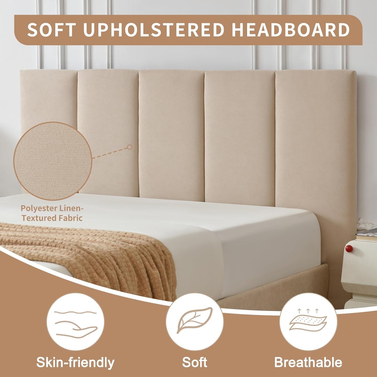 VELOCAVA Upholstered Platform Bed Frame with Vertical Panel Headboard &amp; 6" Upholstered Block Legs, 11 Wood Slats and 5 Support Legs, No Box Spring Needed, Linen-Look Fabric, Beige