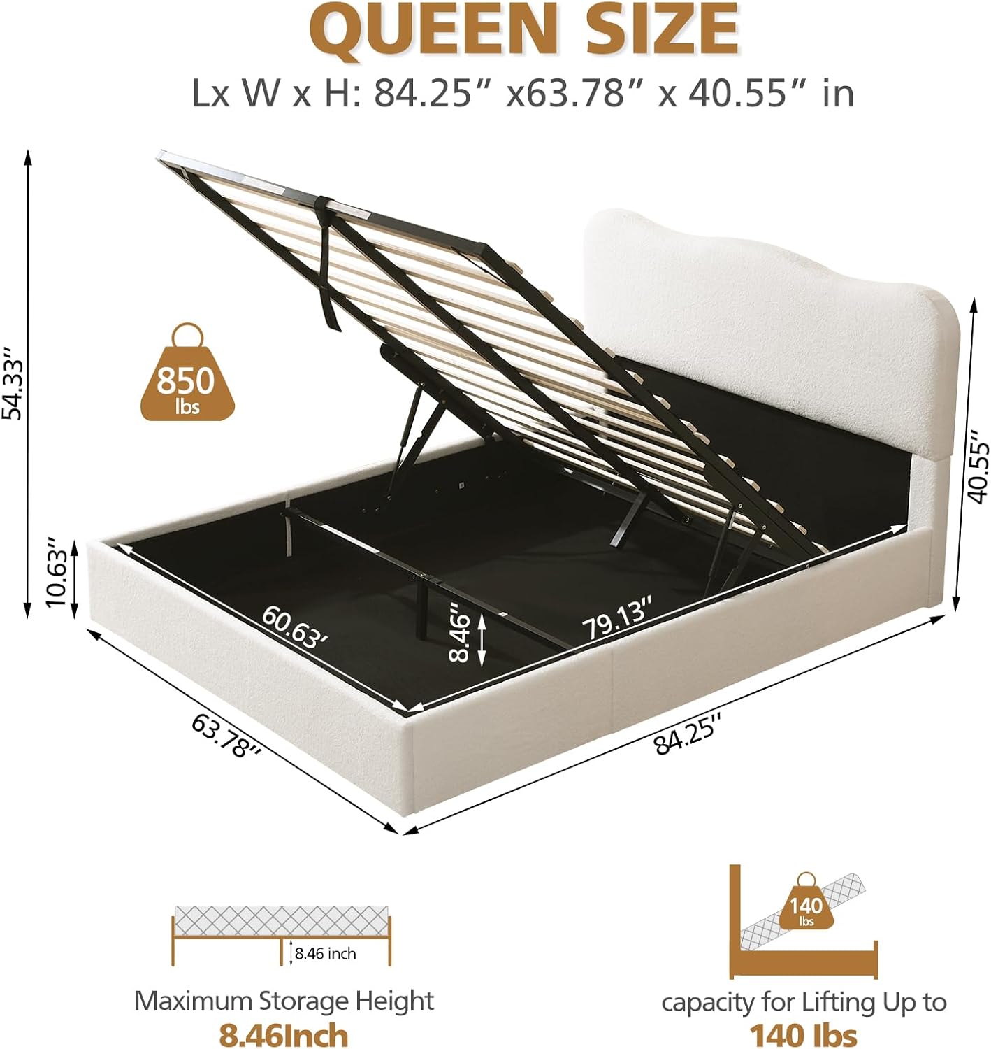 VELOCAVA Lift-Up Storage Bed, Modern Upholstered Boucle Bed with Curved Headboard, Gas Lift Platform, Sturdy Wooden Slat Support, No Box Spring Needed, Easy Assembly, Light Gray