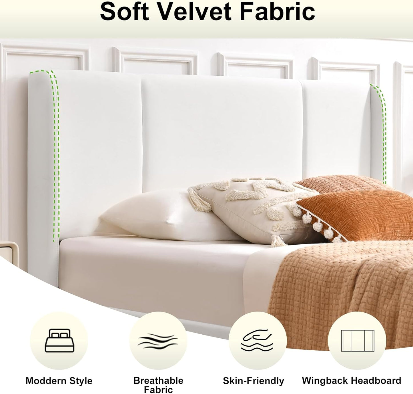 VELOCAVA Full Size Upholstered Bed Frame with 4 Storage Drawers, Modern Velvet-Like Platform Bed with Wingback Headboard, Sturdy Wood Slats,No Box Spring Needed, White