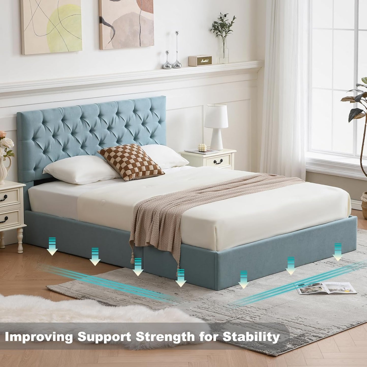 VELOCAVA Lift-Up Storage Bed, Dusty Blue Linen-Textured Upholstered Platform Frame with Button-Tufted Headboard, Modern Space-Saving Design, No Box Spring Required, Easy Assembly