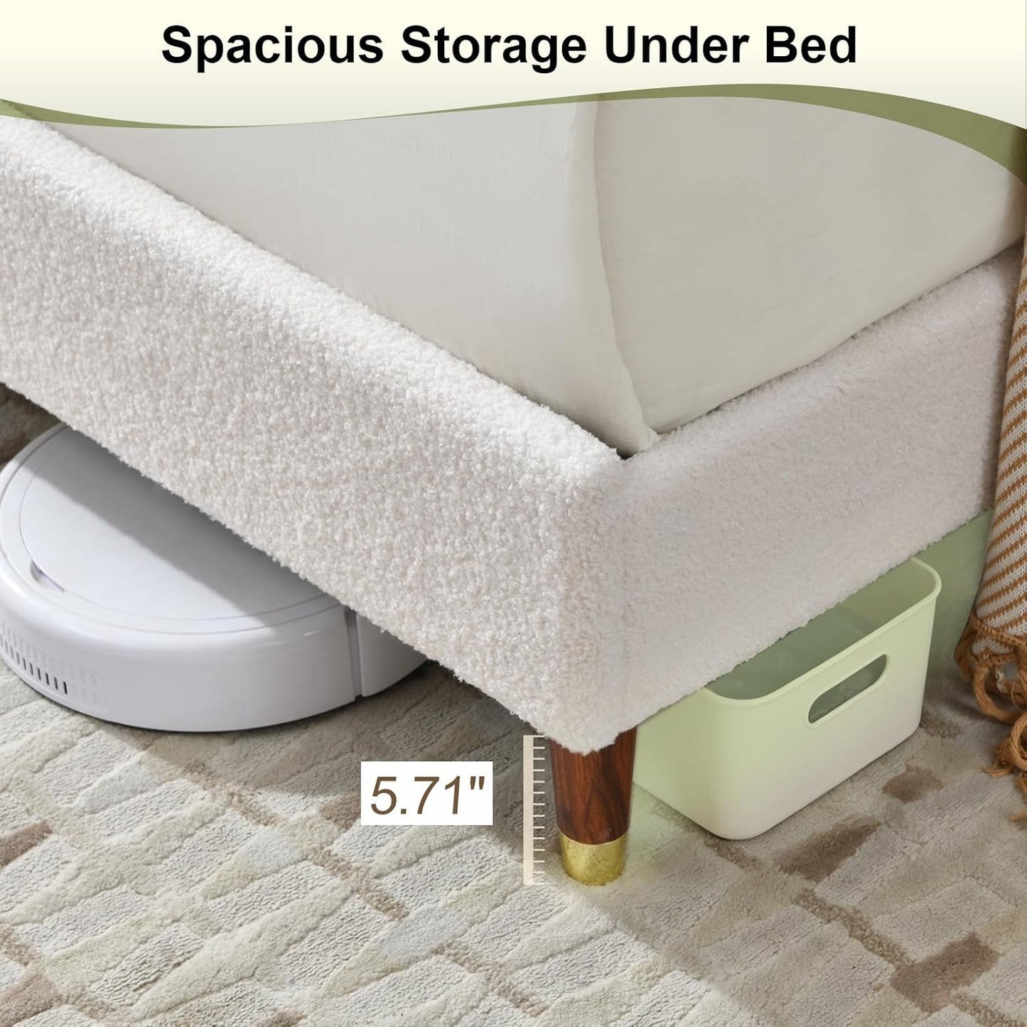 VELOCAVA Boucle Bed Frame with Curved Adjustable Headboard, Upholstered Cloud Platform Bed, Rounded Corners, Wooden Slats Support, No Box Spring Needed, Easy Assembly, Cream White
