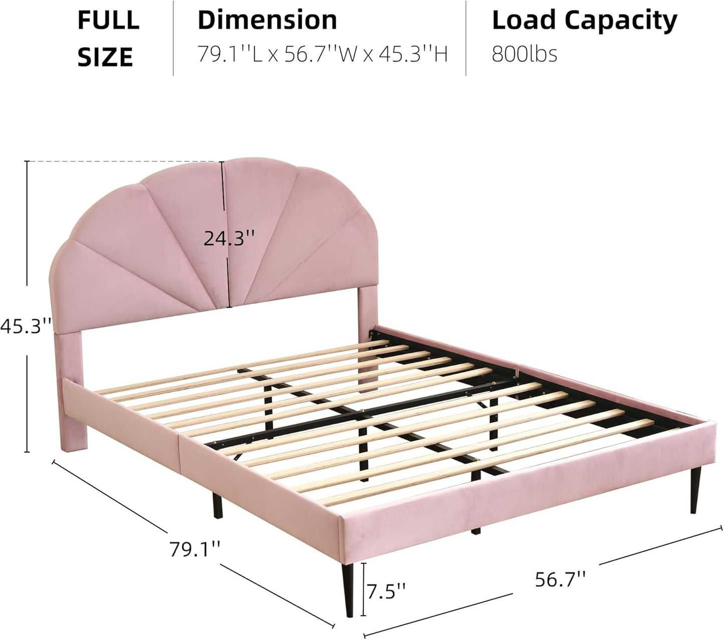 VELOCAVA Pink Bed with Seashell Headboard, Velvet Upholstered Platform Bed Frame for Girls Kids with Wooden Slats Support, No Box Spring Needed, Easy Assembly, Princess Pink Bed