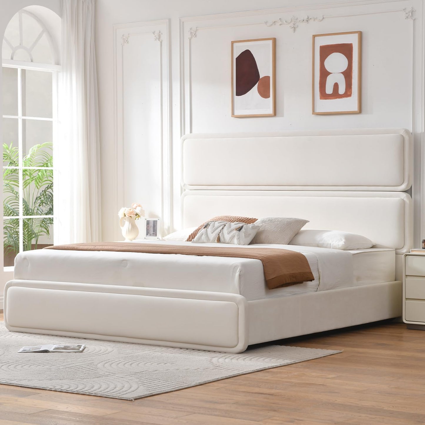 VELOCAVA Lift Up Storage Bed, Velvet-Look Upholstered Platform Bed Frame with 57" Tall Headboard, Linear Design, Hydraulic Storage, No Box Spring Needed, Cream White
