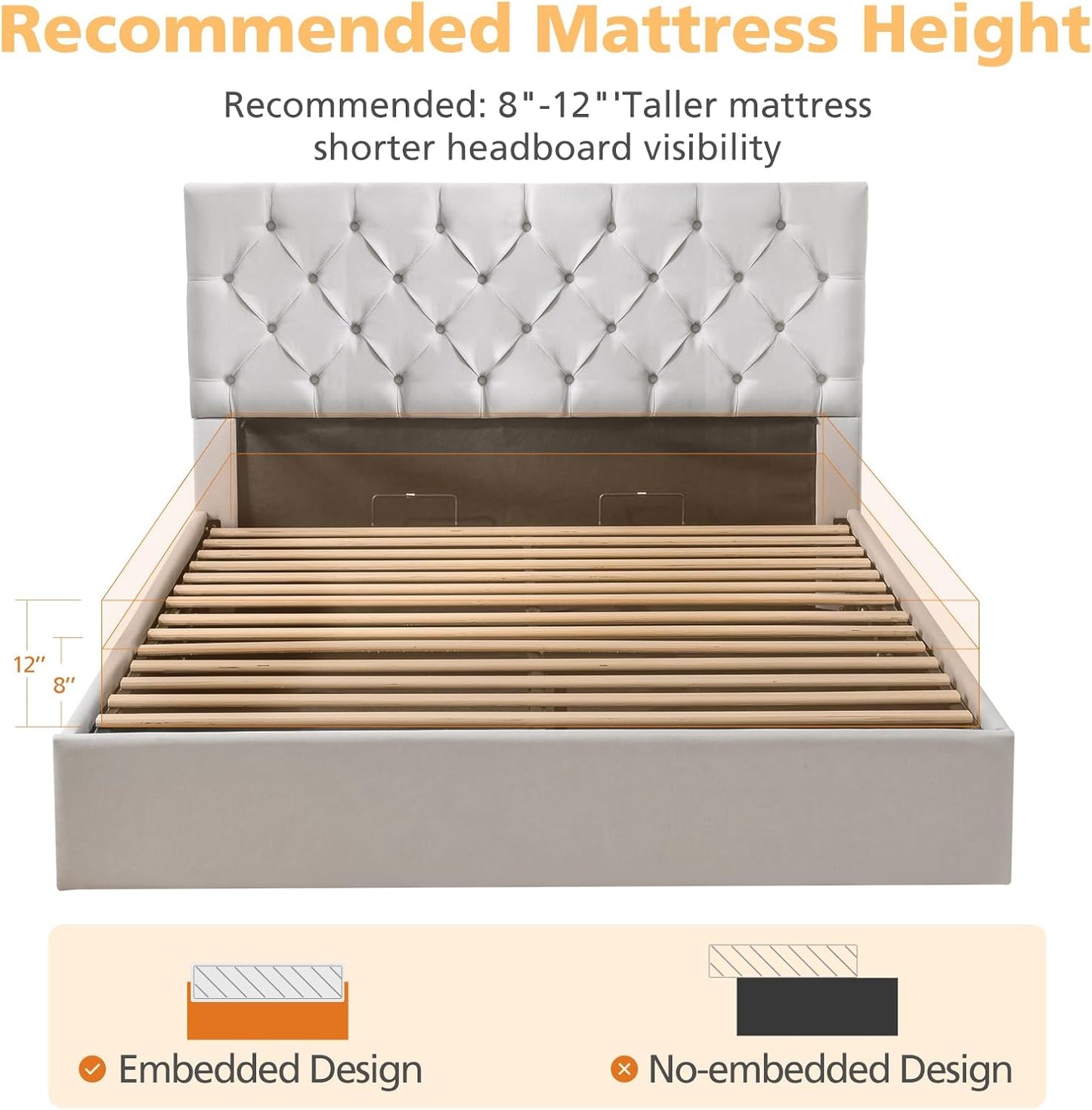 VELOCAVA Hydraulic Lift-Up Storage Bed, Light Gray Linen-Textured Upholstered Platform Frame with Button-Tufted Headboard, Modern Space-Saving Design, No Box Spring Required, Easy Assembly