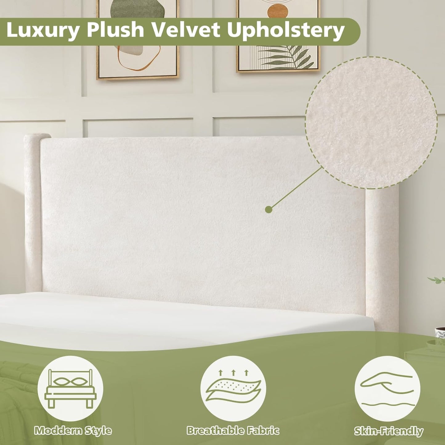 VELOCAVA Upholstered Platform Bed Frame with Soft Rounded Corners, 44.88" Tall Headboard, Luxury Plush Velvet Upholstery, 11 Slats &amp; 5 Center Legs, No Box Spring Needed, Cream White