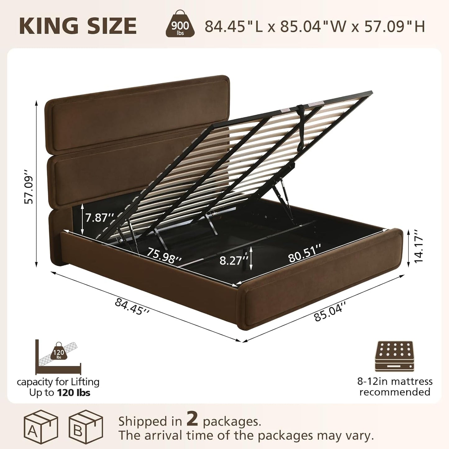 VELOCAVA Lift Up Storage Bed, Velvet-Look Upholstered Platform Bed Frame with 57" Tall Headboard, Linear Design, Hydraulic Storage, No Box Spring Needed, Coffee Brown