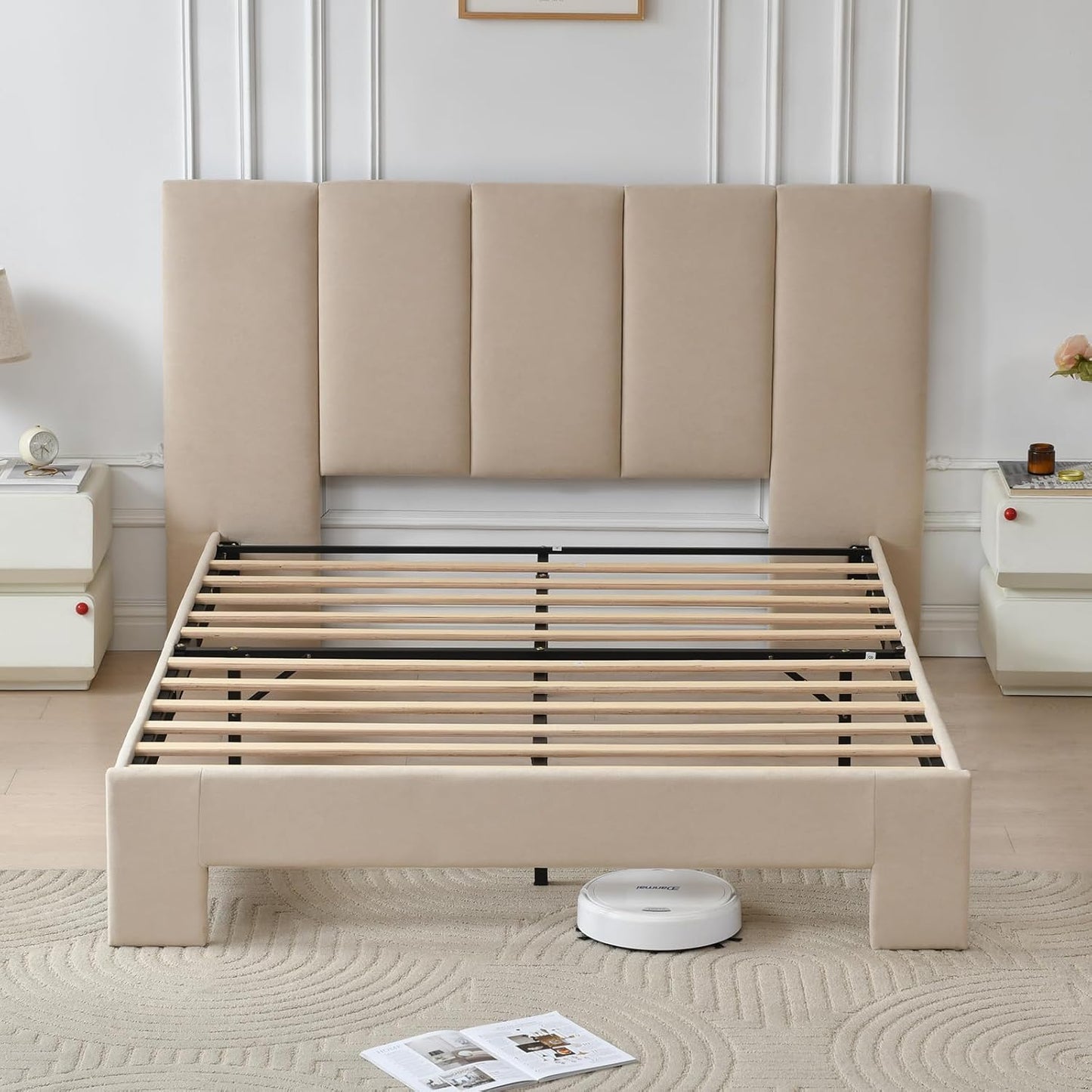 VELOCAVA Upholstered Platform Bed Frame with Vertical Panel Headboard &amp; 6" Upholstered Block Legs, 11 Wood Slats and 5 Support Legs, No Box Spring Needed, Linen-Look Fabric, Beige