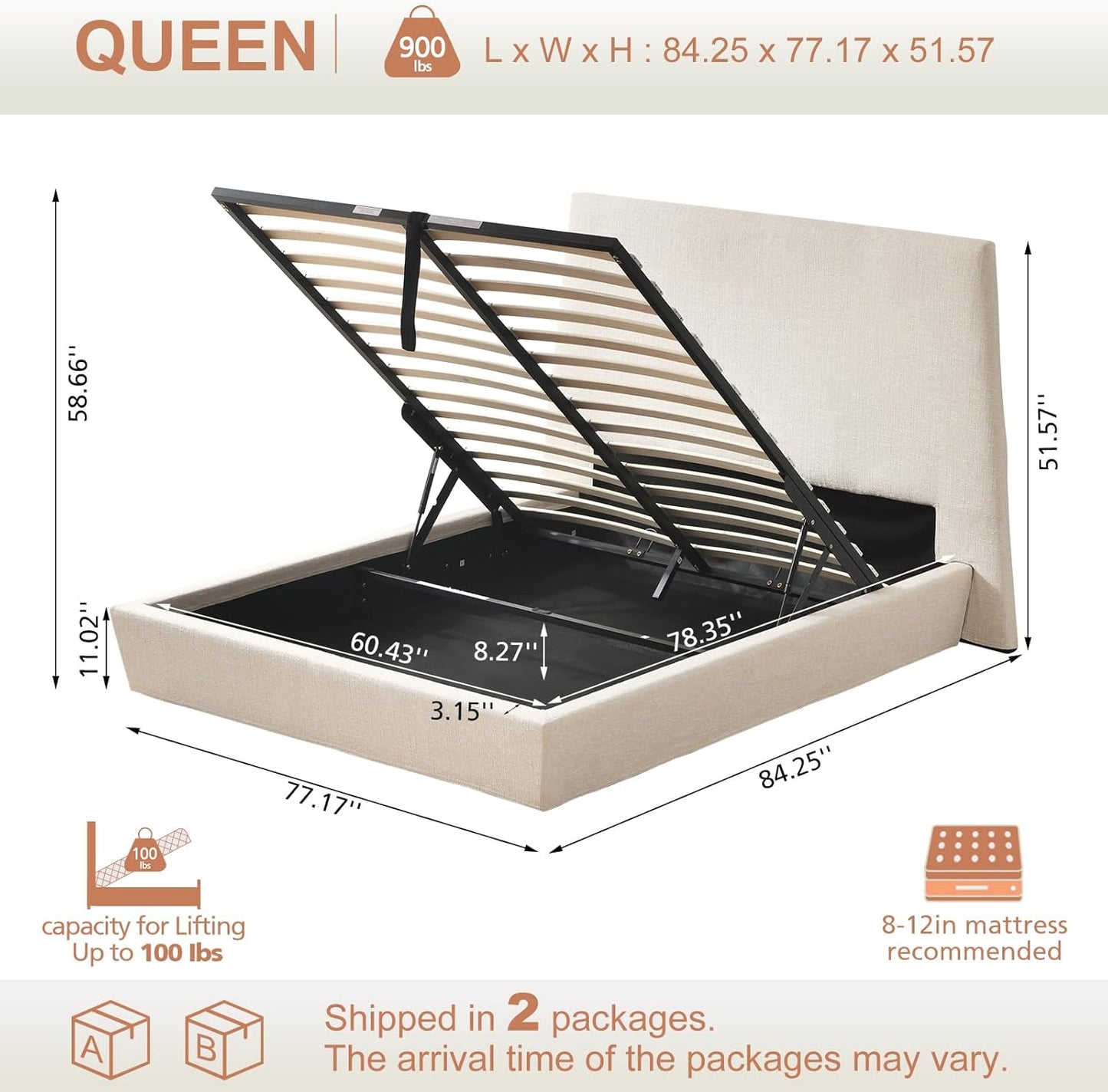 VELOCAVA Lift-Up Storage Bed, Modern Upholstered Bed with 51.57" Tall Headboard and Sleek Tapered Silhouette, Hydraulic Lift Platform, No Box Spring Needed, Linen-Blend Fabric, Beige