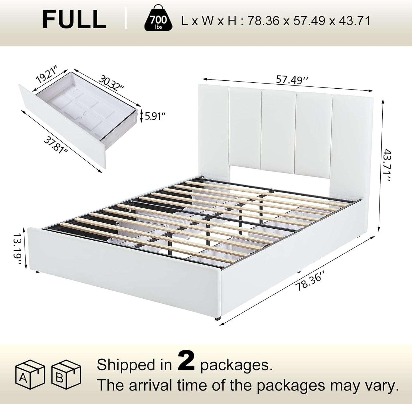VELOCAVA Upholstered Bed with 4 Storage Drawers, Modern Linen Platform Bed Frame with Vertical Channel Headboard, Sturdy Wood Slats, Space-Saving Design, No Box Spring Needed, White